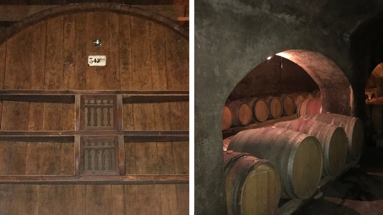 Left: 25 ft high foudre. Right: Original underground wine cellar, built in 1870