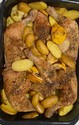 Baked Chicken, Potatoes & Garlic In Fried Lemon, Olive Oil, Oregano & White Wine Sauce